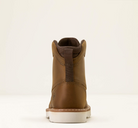 A single brown leather ankle boot shown from the back on a clean, light off-white background.