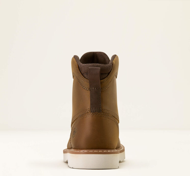 A single brown leather ankle boot shown from the back on a clean, light off-white background.