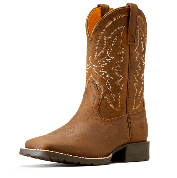 A single brown leather cowboy boot with white embroidered stitching on the shaft, shown from a three-quarters angle against a white background.