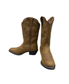 A pair of brown leather cowboy boots with western-style stitching, shown from the side and front angles against a white background with a purple border.