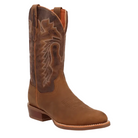 A single brown leather cowboy boot with decorative western stitching on the shaft, shown on a solid blue background. A Dan Post logo is visible in the bottom-left corner.