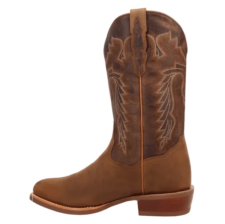A brown leather cowboy boot with decorative western stitching on the shaft, shown in side profile against a dark blue background. A Dan Post logo is visible in the bottom-left corner.