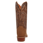 A single brown leather cowboy boot shown from the back on a solid blue background, featuring decorative western-style stitching and a tan pull tab.