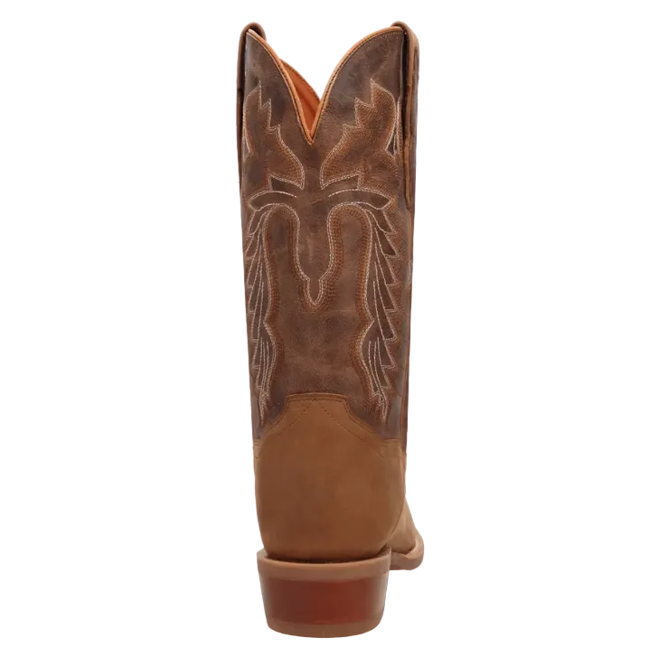 A single brown leather cowboy boot shown from the back on a solid blue background, featuring decorative western-style stitching and a tan pull tab.