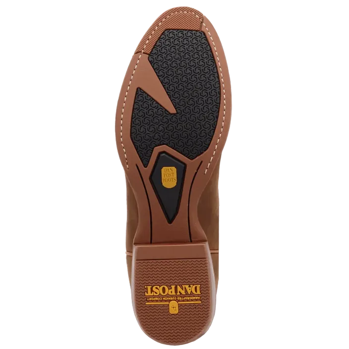 Top-down view of a brown leather boot sole with a black textured tread pattern and a gold Dan Post logo, set against a dark blue background.