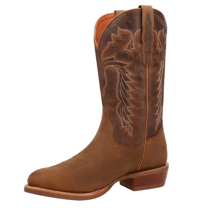A brown leather cowboy boot with decorative western stitching on the shaft, shown from a side profile against a solid dark blue background. A small 'POST' logo watermark is visible in the bottom-left corner.