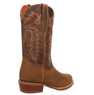 A brown leather cowboy boot with decorative western stitching, shown from a side-rear angle against a solid dark blue background.