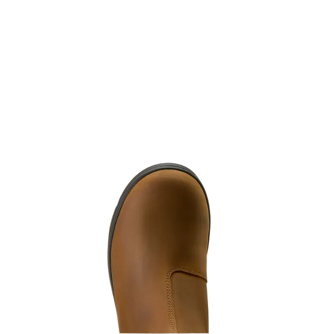 A close-up of the rounded toe of a brown leather boot with a black sole, shown against a solid off-white background.