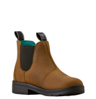 A single brown leather Chelsea-style ankle boot with black elastic side panels, black pull tabs, and a black sole, photographed on a clean off-white studio background.