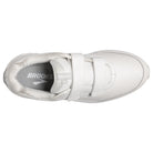 A white Brooks athletic shoe with two hook-and-loop straps, shown from a top-down view on a white background.