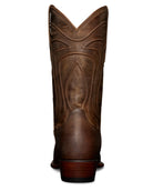 A single brown leather cowboy boot shown from the back, featuring decorative stitching and a stacked heel, set against a plain white background.