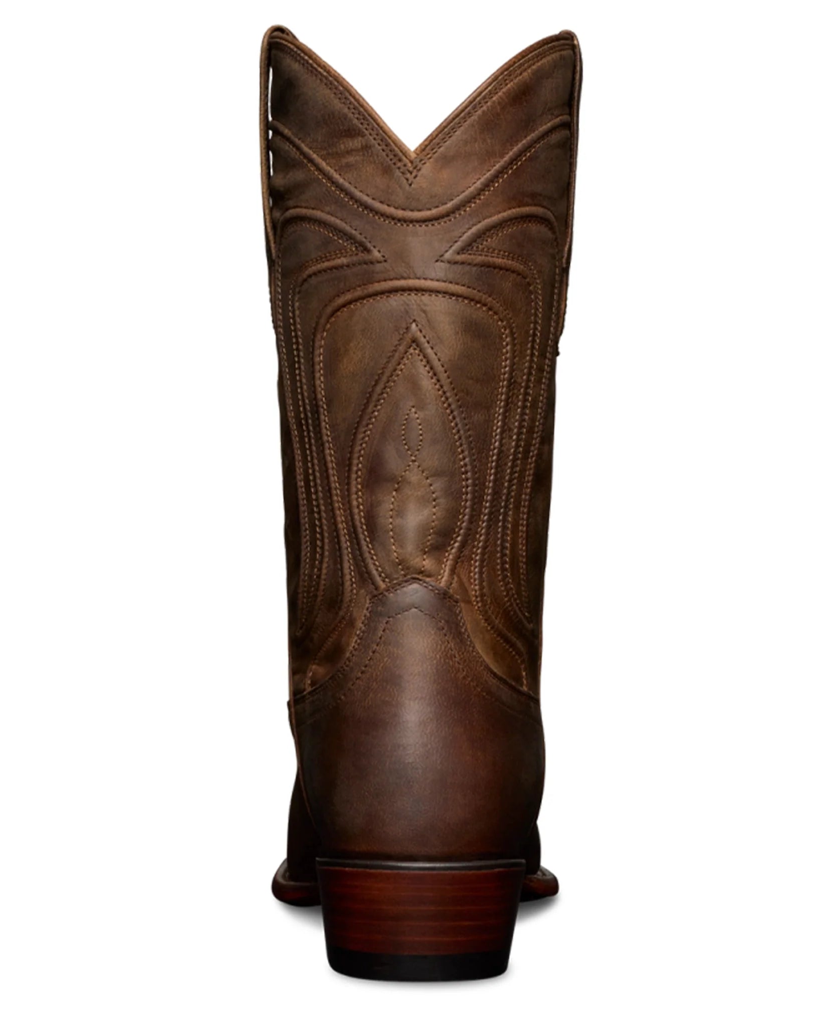 A single brown leather cowboy boot shown from the back, featuring decorative stitching and a stacked heel, set against a plain white background.