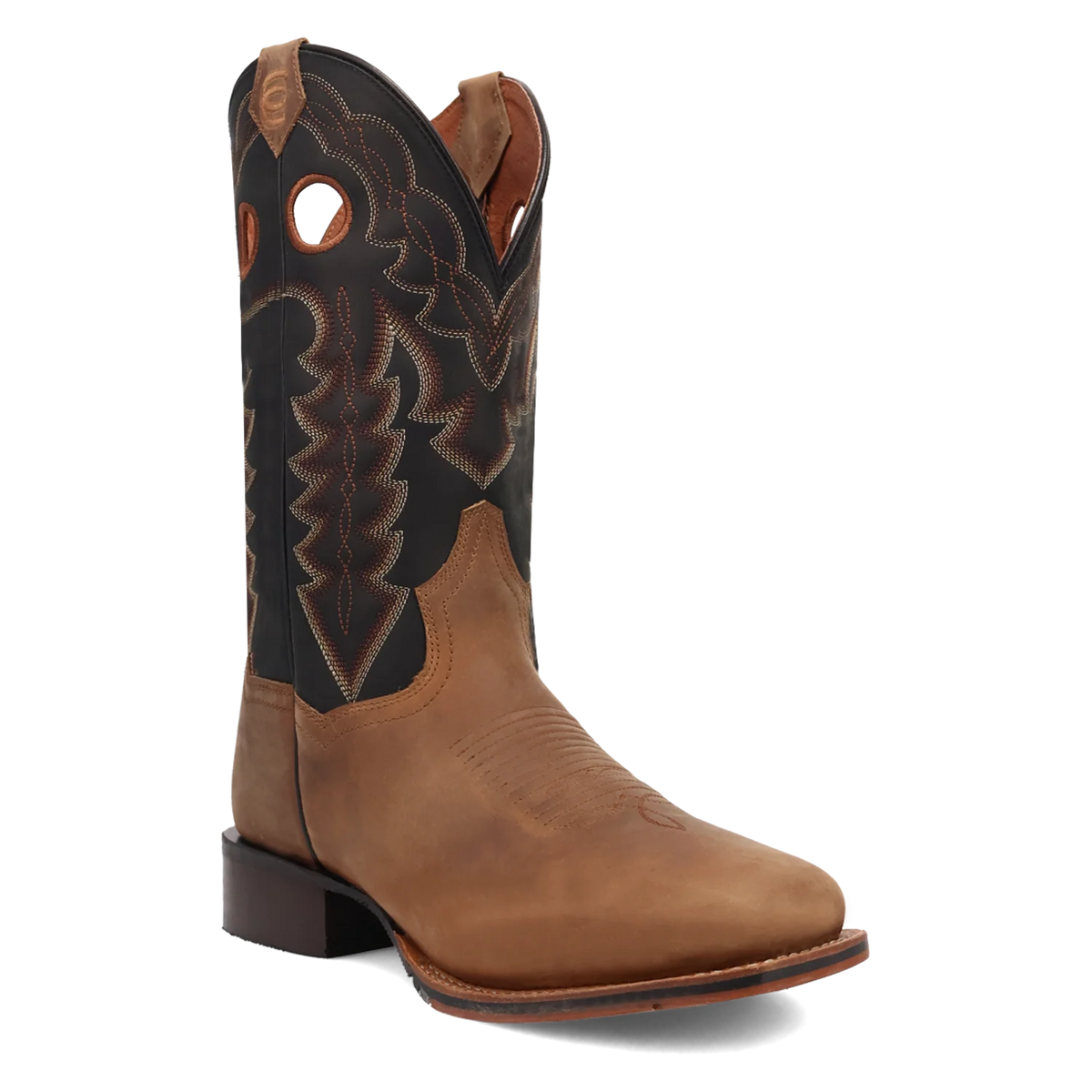 A single western cowboy boot in tan leather with a black shaft and brown embroidered detailing, shown from a three-quarters angle on a white background.